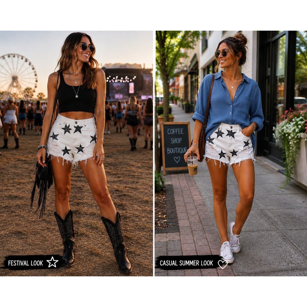 New Star Print Distressed Denim Shorts Women Size 27 Grunge Western Festival NWT